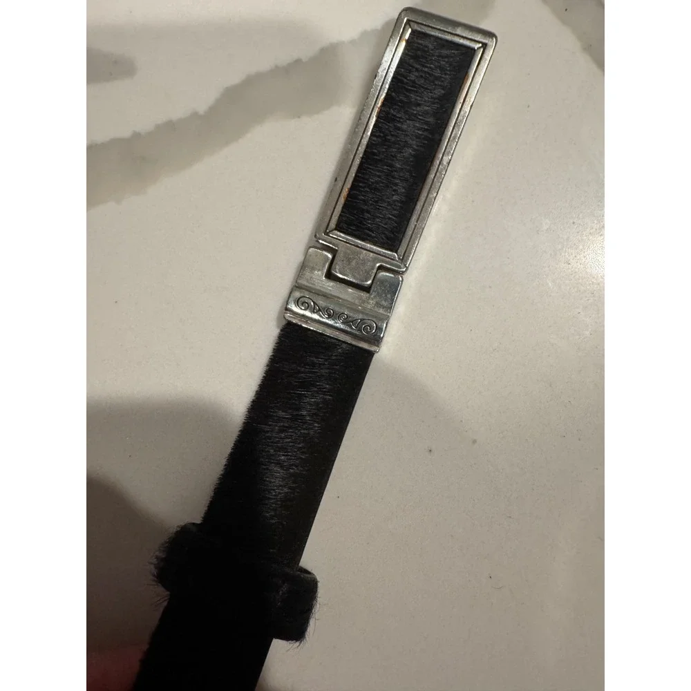 Brighton Womens Black Calf Hair Skinny Belt‎ Silver Scroll Buckle Size S 28